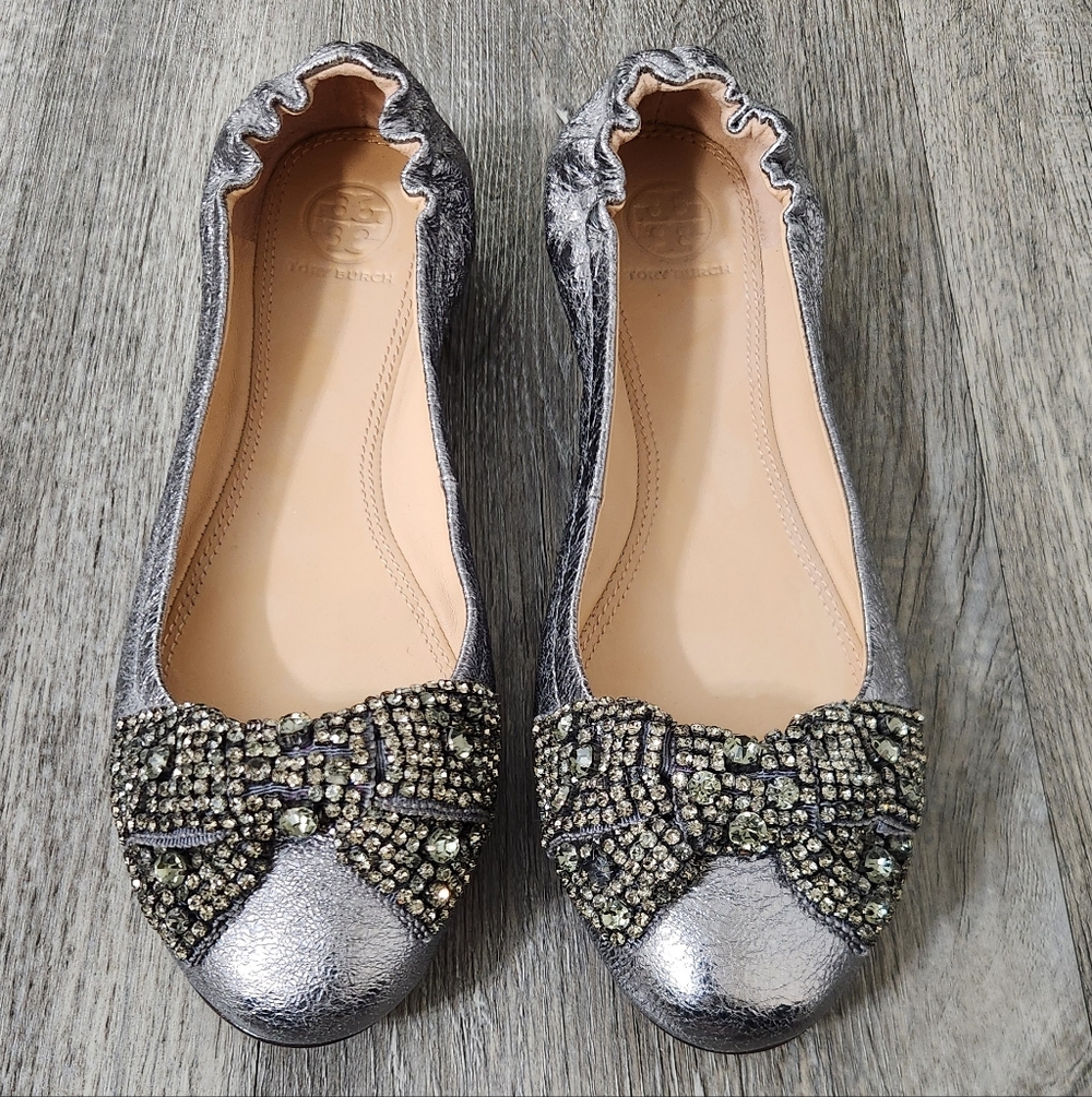 Tory Burch Mettalic Eddie Ballet Flats With‎ Crystal Bow